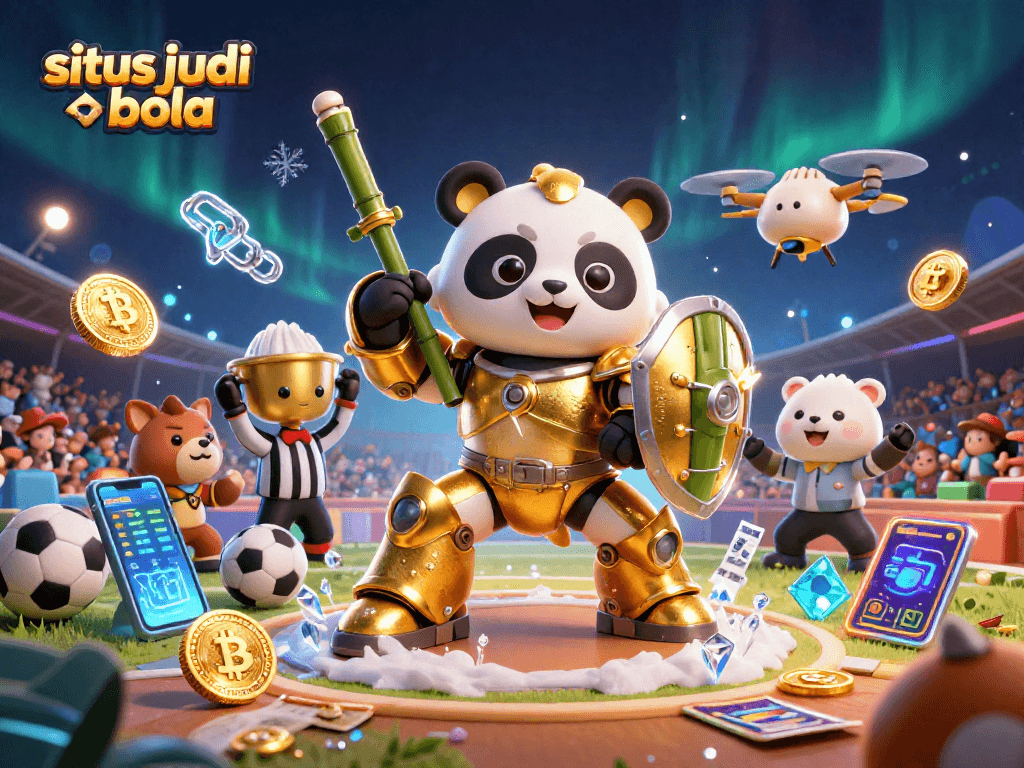 Experience situs judi bola excitement with a golden panda piloting a bamboo robot amidst cheering fans.
