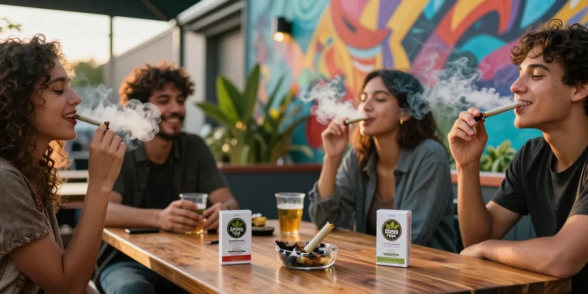 Friends enjoying premium pre rolled joints in a vibrant urban setting, showcasing social cannabis experience.