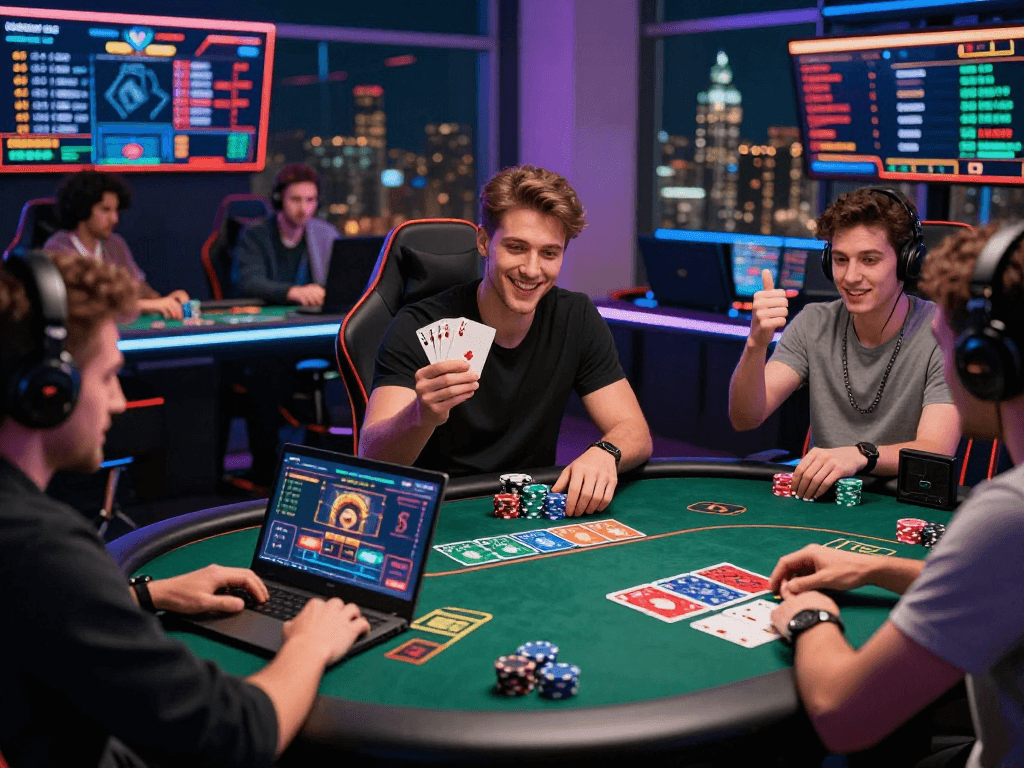 Engaging online gambling experience at situs raja328 with players immersed in a virtual poker game, vibrant atmosphere, and modern gaming setup.