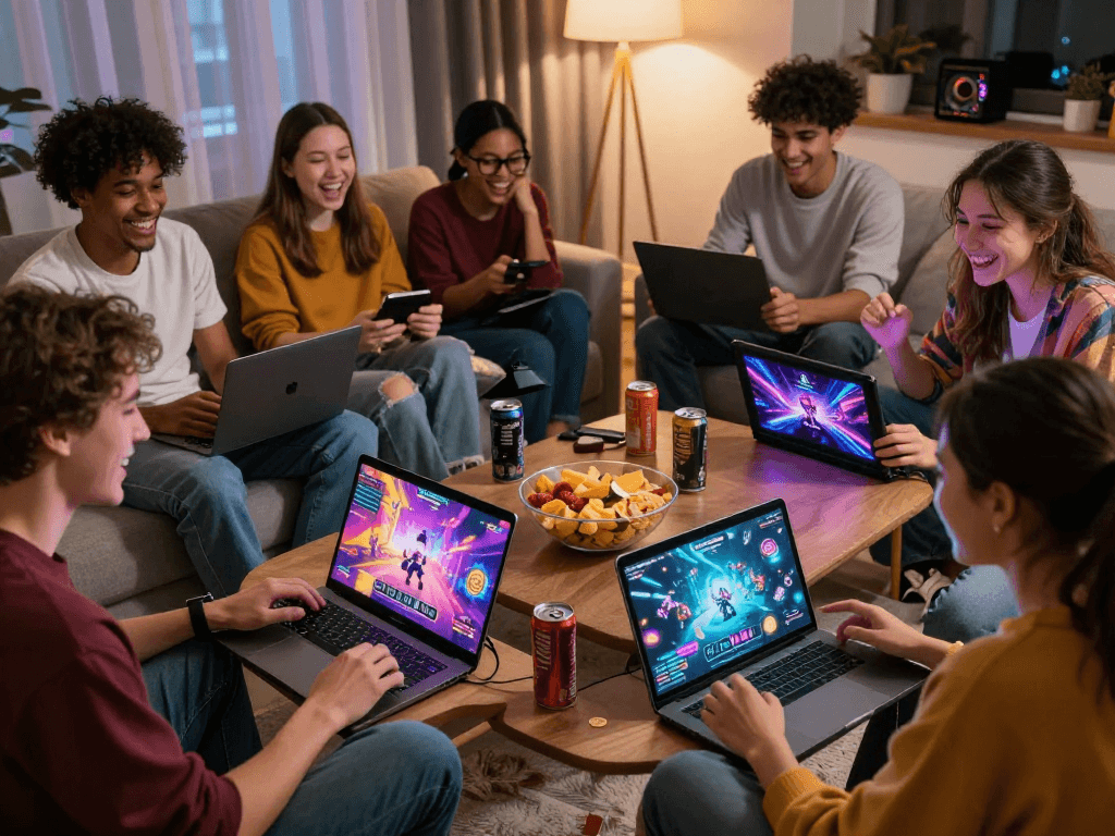 Group playing a sex game together in a cozy living room, showcasing colorful game graphics.
