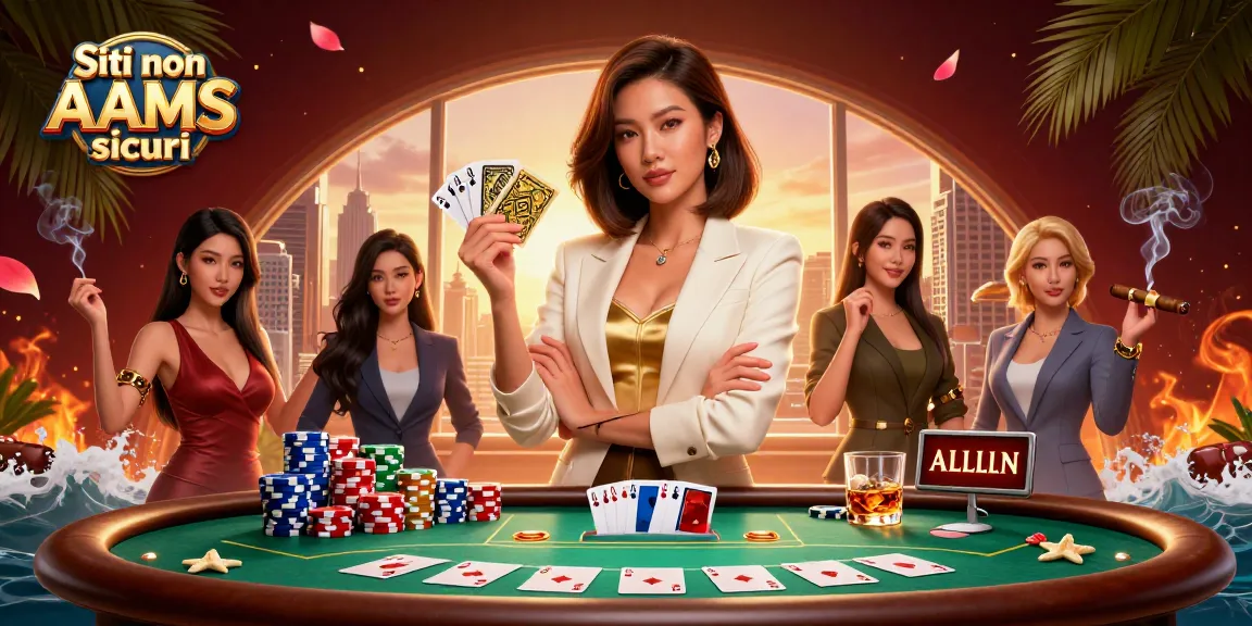 Vetrina di Siti non AAMS sicuri con una scena di poker elegante che presenta una potente donna d'affari e elementi animati di casinò.