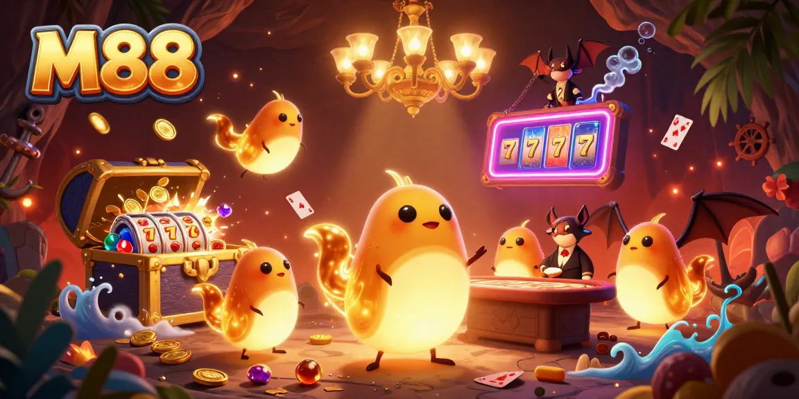 M88 casino glowworms illuminate a vibrant gambling scene with dynamic slot machines and golden treasures.