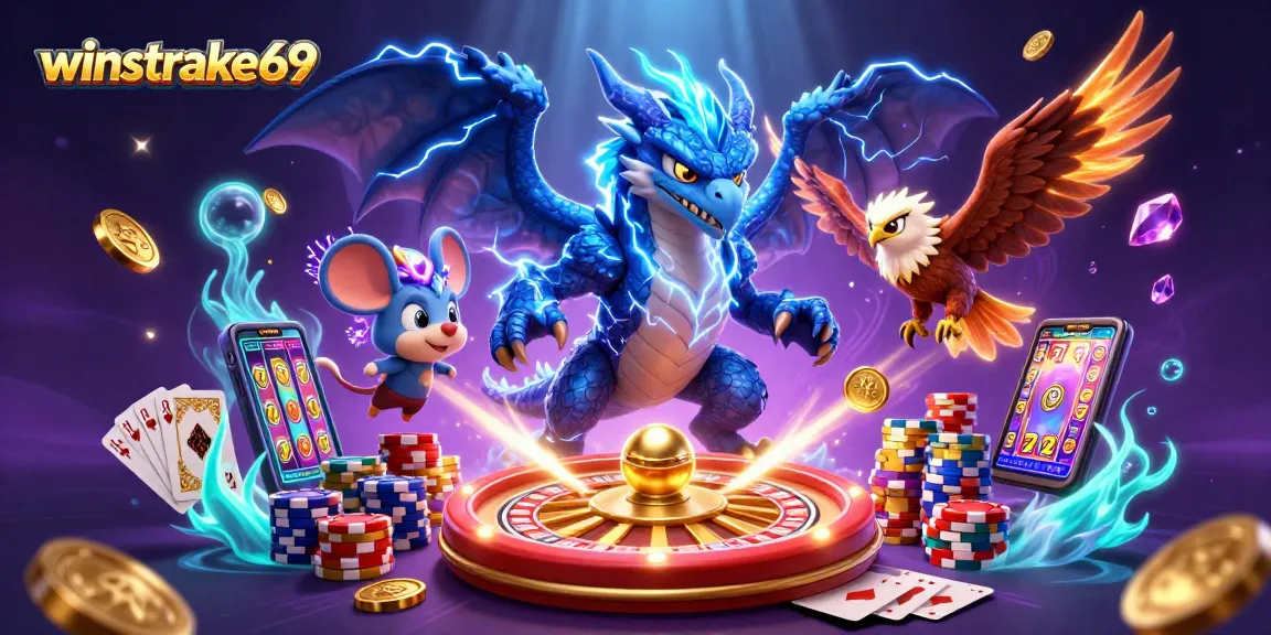 Winstrike69 showcases thrilling slot adventures with vibrant characters and casino elements.