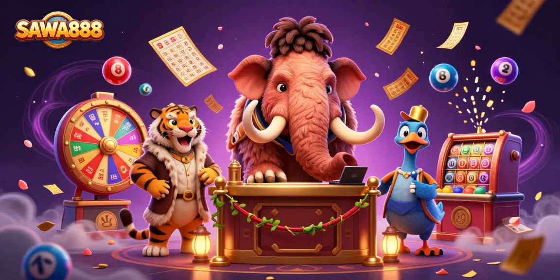SAWA888 showcases a vibrant casino scene with a woolly mammoth bouncer and a saber-tooth tiger guest enjoying lottery games.
