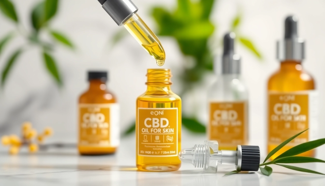 Showcasing CBD oil for skin in elegant bottles surrounded by a lush greenery backdrop.