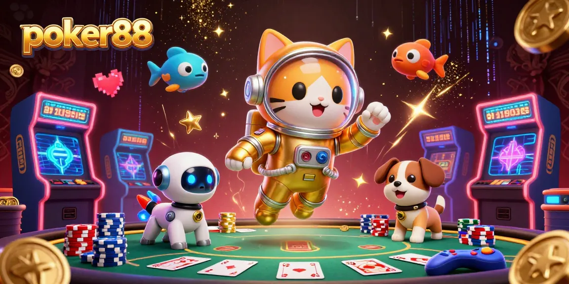 Experience poker88 with an adventurous astronaut cat and a robot dog, surrounded by poker action.