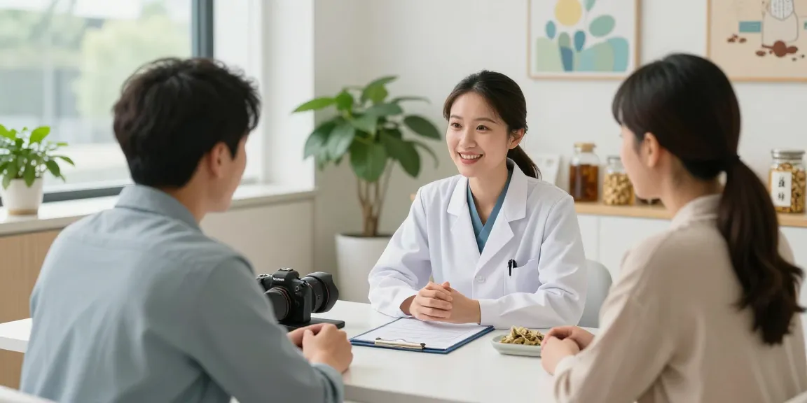 Patient consultation at 수원교통사고한의원 with a doctor discussing recovery treatments in a bright, modern clinic.