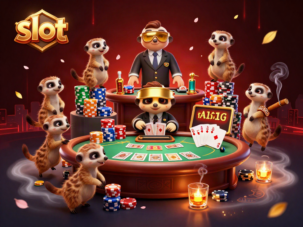 Join the fun at this vibrant slot casino scene where meerkats deal winnings!