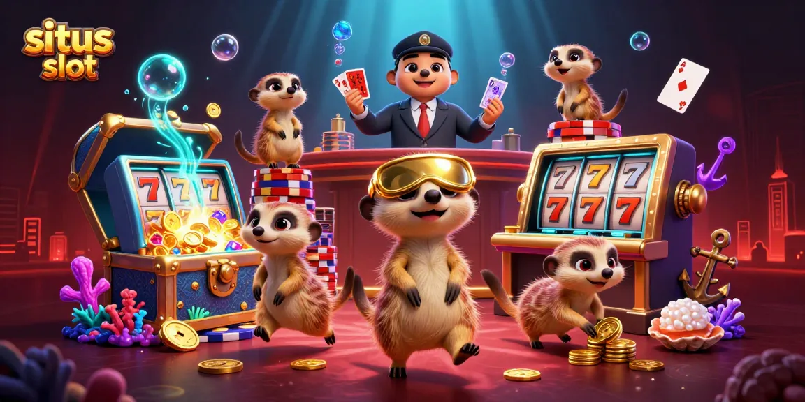 Situs slot image showcasing meerkats managing a vibrant casino scene filled with colorful slot reels and treasures.
