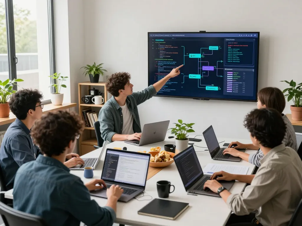 Team collaborating on OpenClaw AI project in a modern office setting, showcasing technology and teamwork.