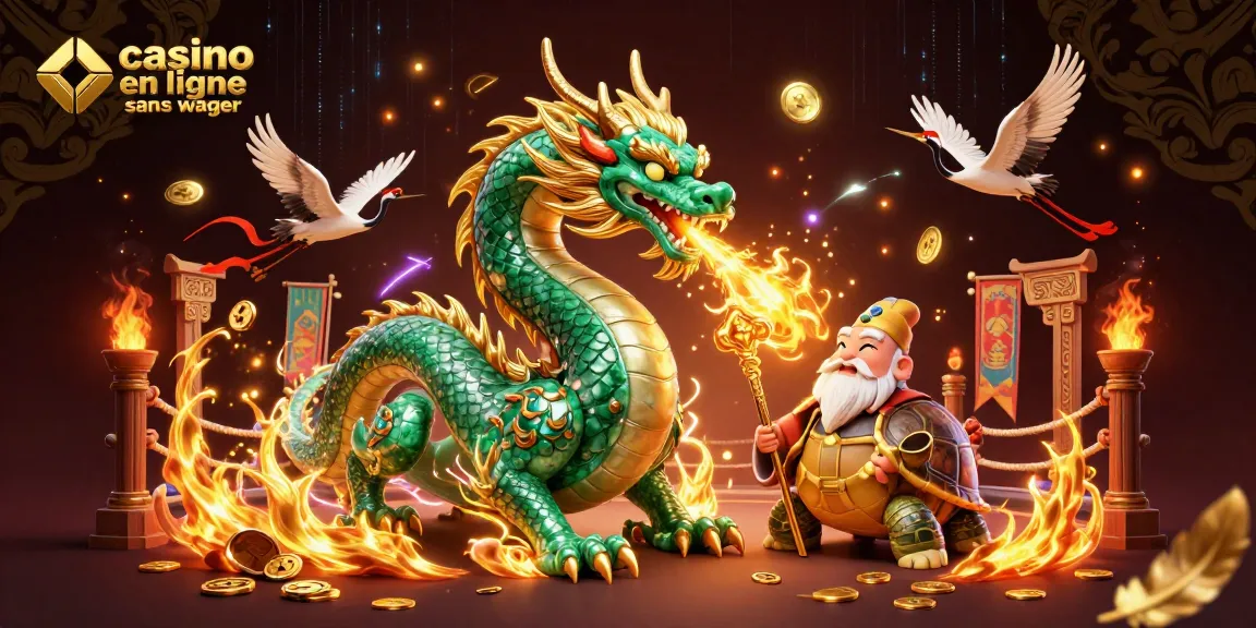 Expérimentez le casino en ligne sans wager avec une illustration dynamique de dragons et de sage.