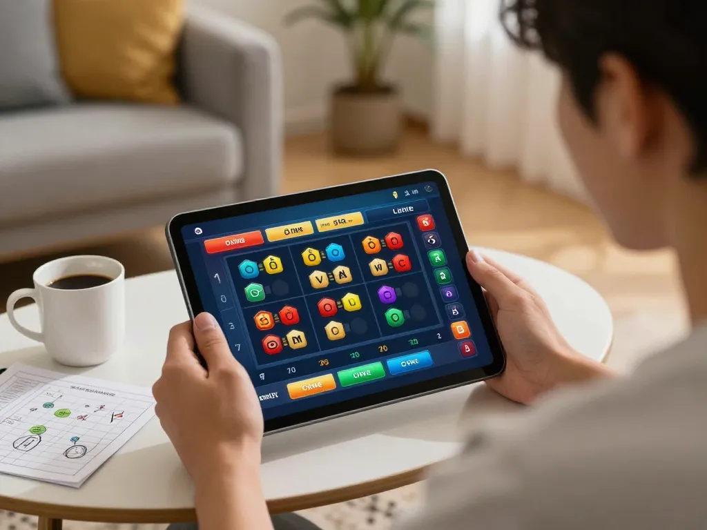 Engage in lô đề online betting through a cozy home gaming setup using a tablet while strategizing.