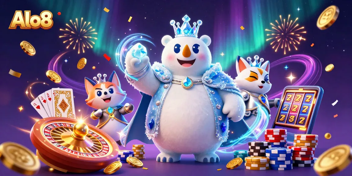 Experience gambling excitement at Alo8 with vibrant casino-themed characters and dazzling game elements.