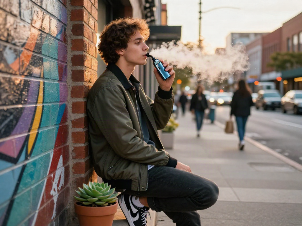 Enjoying Hitz infinity Gen 7 disposable vape in urban setting with stylish attire and street art.