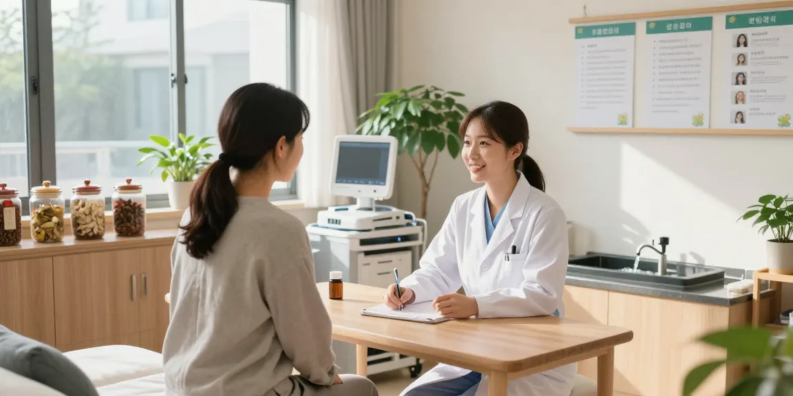 Consultation at 영통한의원 with an acupuncturist providing personalized care in a serene treatment room.