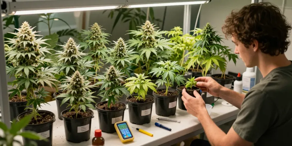 Healthy regular cannabis seed varieties thriving in a grower's indoor cultivation space.