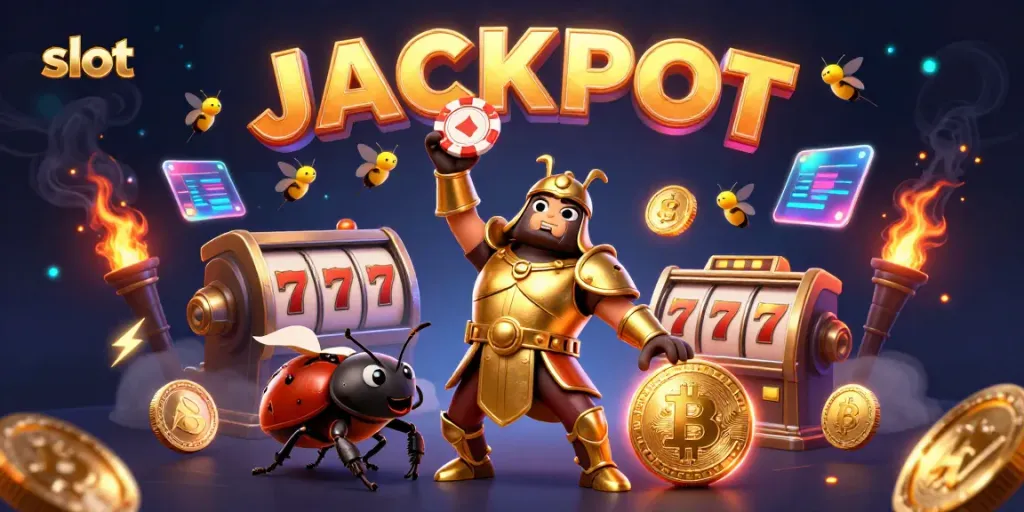 Experience thrilling slots action with a cartoon beetle championing a jackpot, vivid colors!