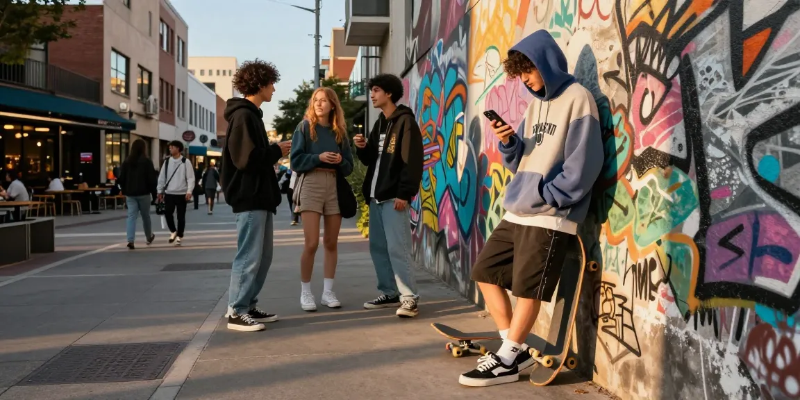 Individual engaging with friends in an urban setting, showcasing stylish outfits from https://shs-dome5.com/ within a vibrant city atmosphere.