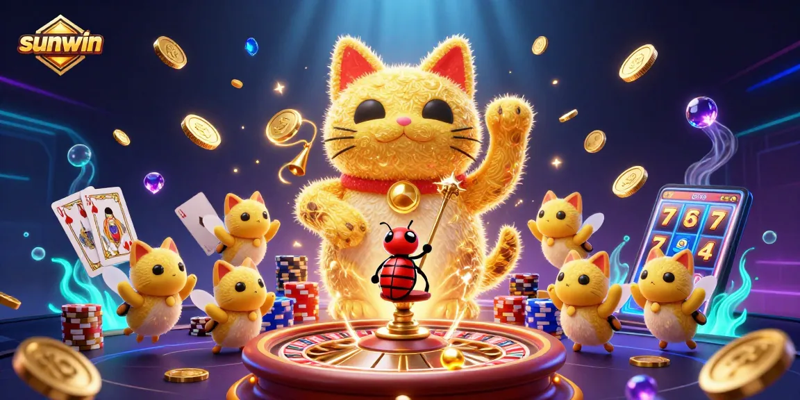 Experience winning with sunwin as golden fireflies and a lucky cat dance amidst casino delights.