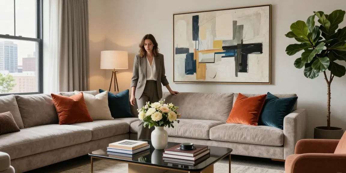 Beautiful interior space by www.dgi-chicago.com showcasing luxury living room design with designer arranging decor.