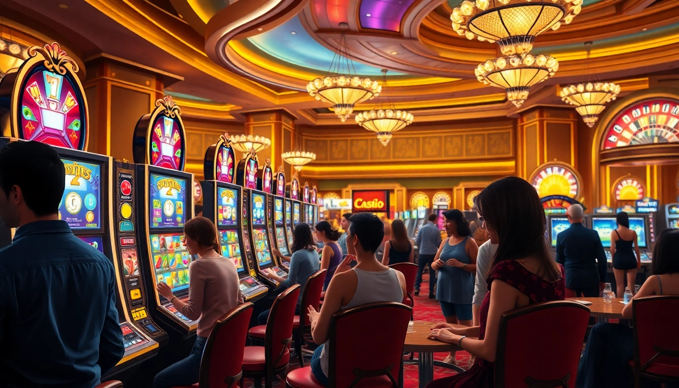 Players enjoying slot pragmatic play machines in a luxurious casino setting with vibrant graphics.