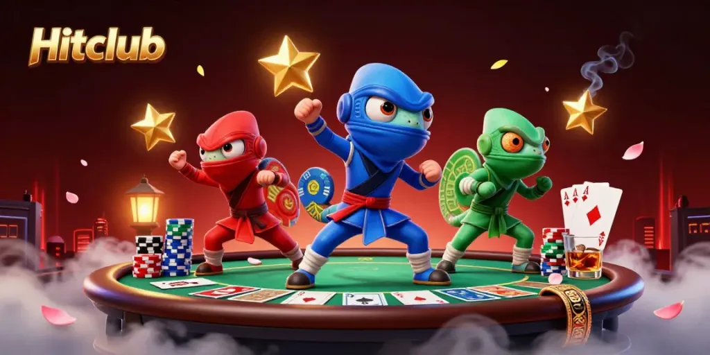 Hitclub's ninja chameleons showcase dynamic poker action in a vibrant casino scene.