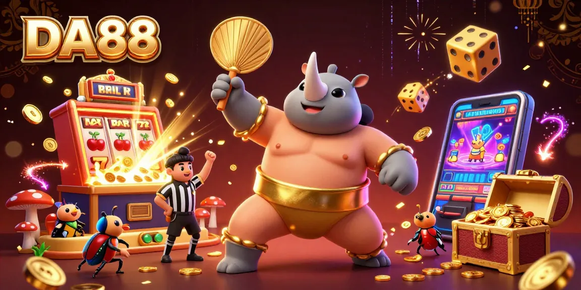 Experience the excitement of DA88 with a dynamic casino scene featuring a sumo champion beetle, golden coins, and slot machine!