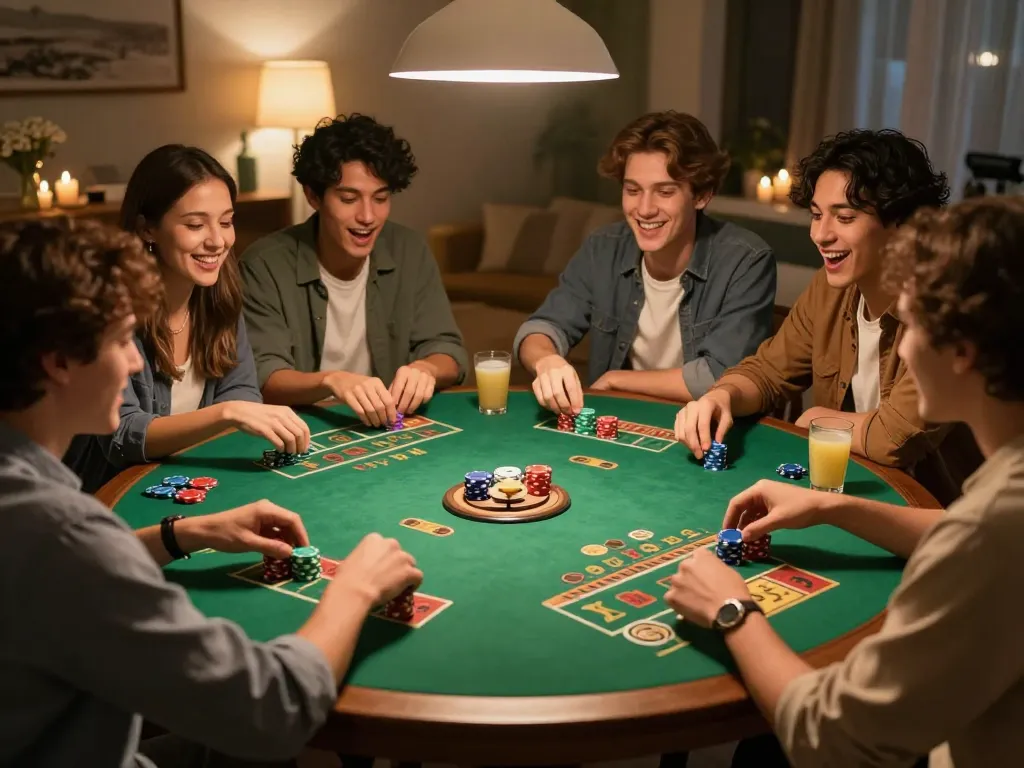 Friends enjoying a lively game of xóc đĩa at home with vibrant chips and cozy atmosphere.
