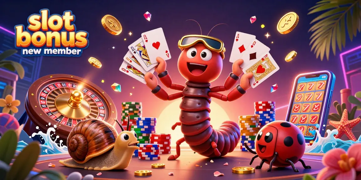 Experience the excitement of the slot bonus new member with this vibrant 3D casino illustration featuring a millipede dealer.