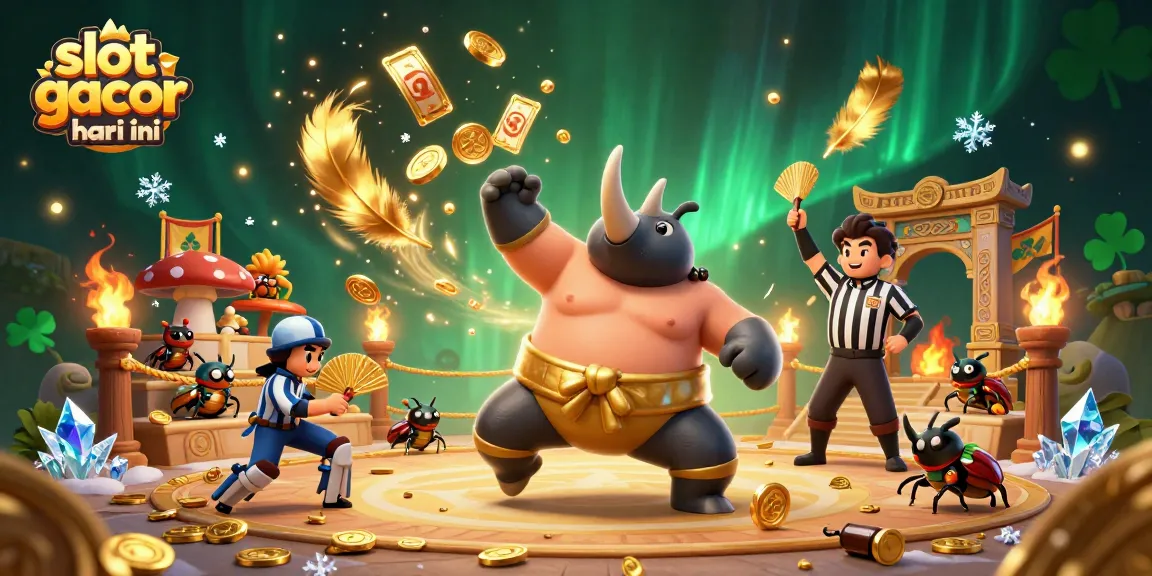 Experience slot gacor hari ini as cartoon characters battle amidst flying coins and vibrant casino elements.