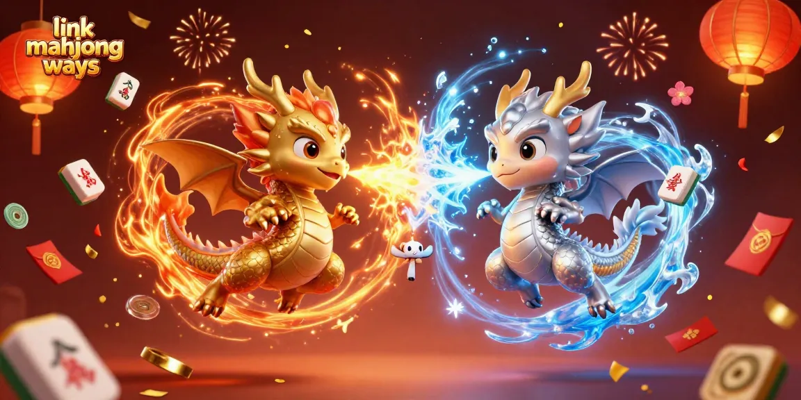 Experience the excitement of link mahjong ways with dynamic dragons and festive elements in this imaginative gaming scene.