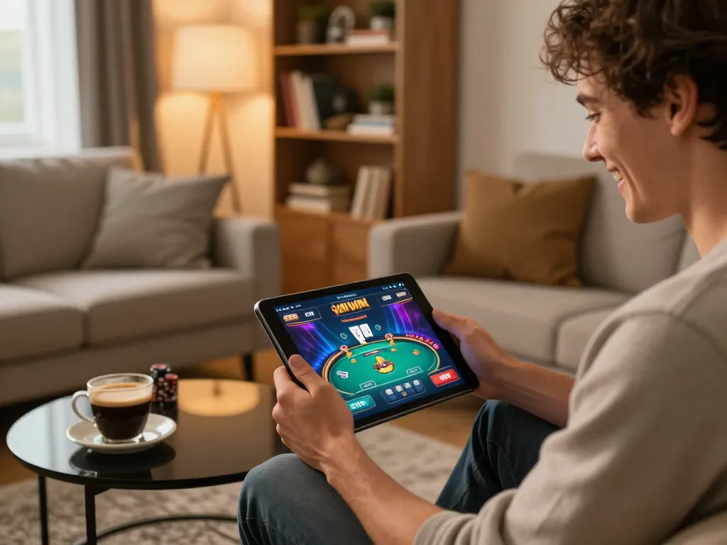 Engaged player enjoying sun win gaming on tablet in a cozy home setup, demonstrating responsible gambling.