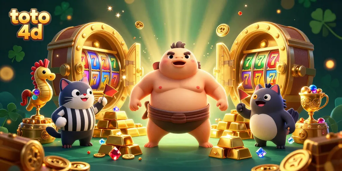 Play toto 4d with a dynamic casino scene featuring vibrant characters and slot elements.