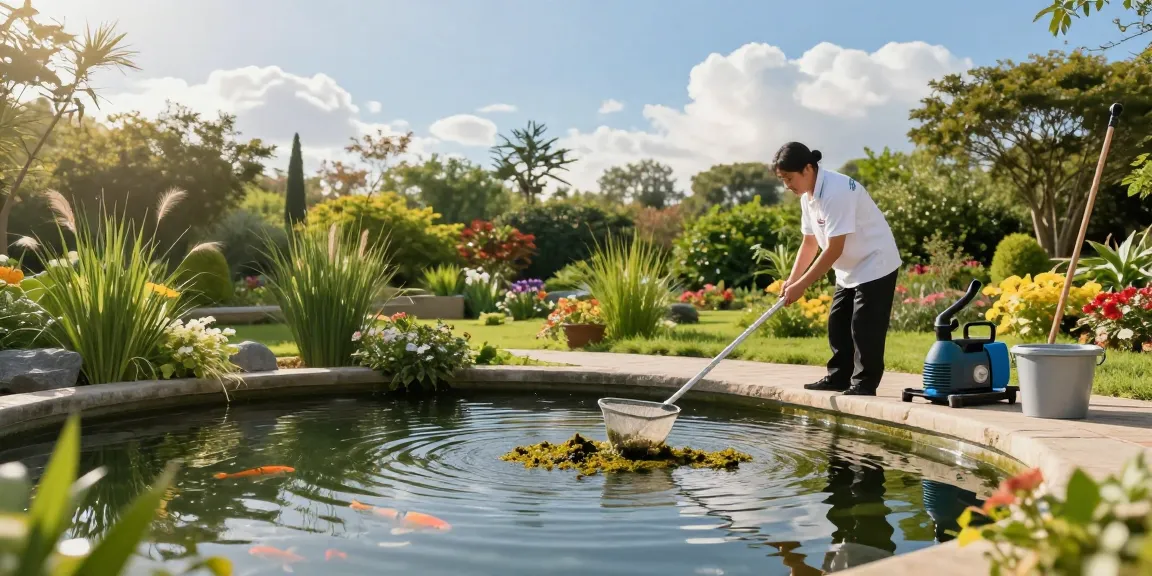 Pond Clean Kent service featuring a professional cleaning a garden pond with netting tools amid lush greenery.