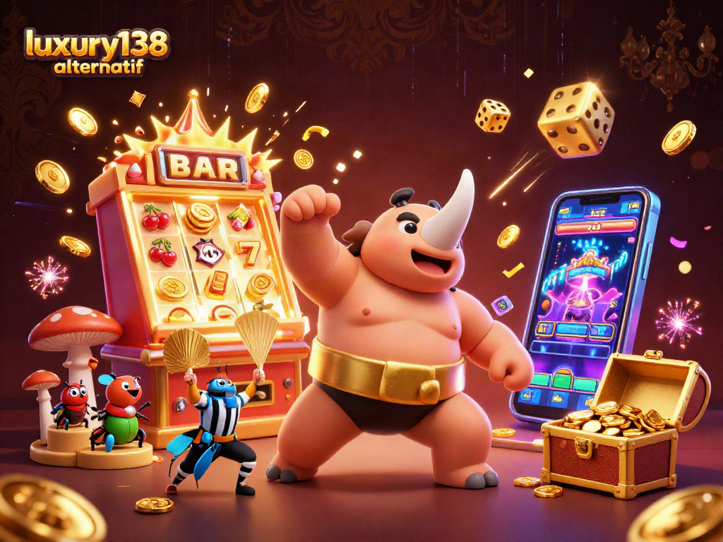 Permainan slot di luxury138 alternatif dengan jackpot dan koin terbang, memperlihatkan keseruan taruhan online.