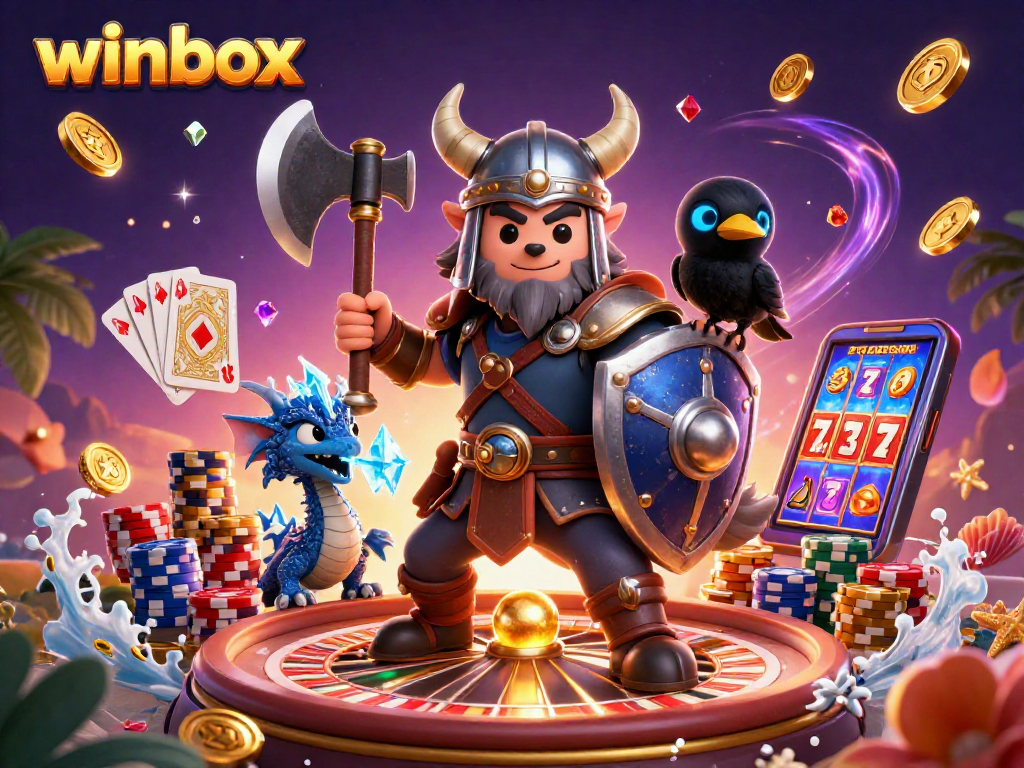 Winbox players enjoy thrilling slots with a Viking warrior, dragon, and raven amidst lively casino elements.