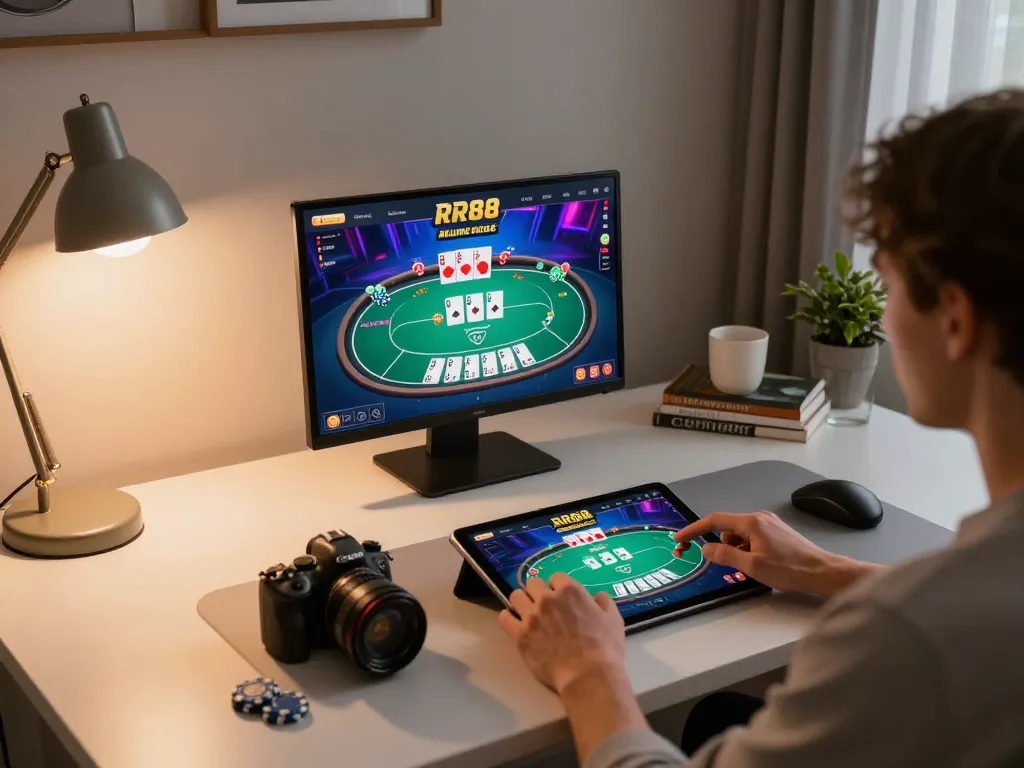 Engaging in RR88 Auction's online poker game on a stylish home setup, showcasing an immersive experience