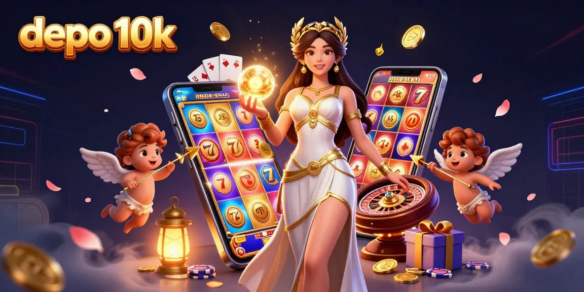 Engage in thrilling casino games with depo 10k featuring slot machines, cards, and joyous characters.