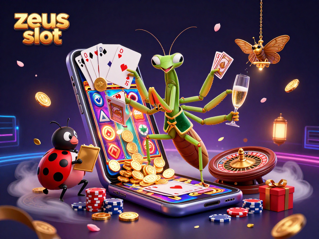 Win big with zeus slot as a cartoon mantis dealer and ladybug pit boss create a vibrant casino scene.