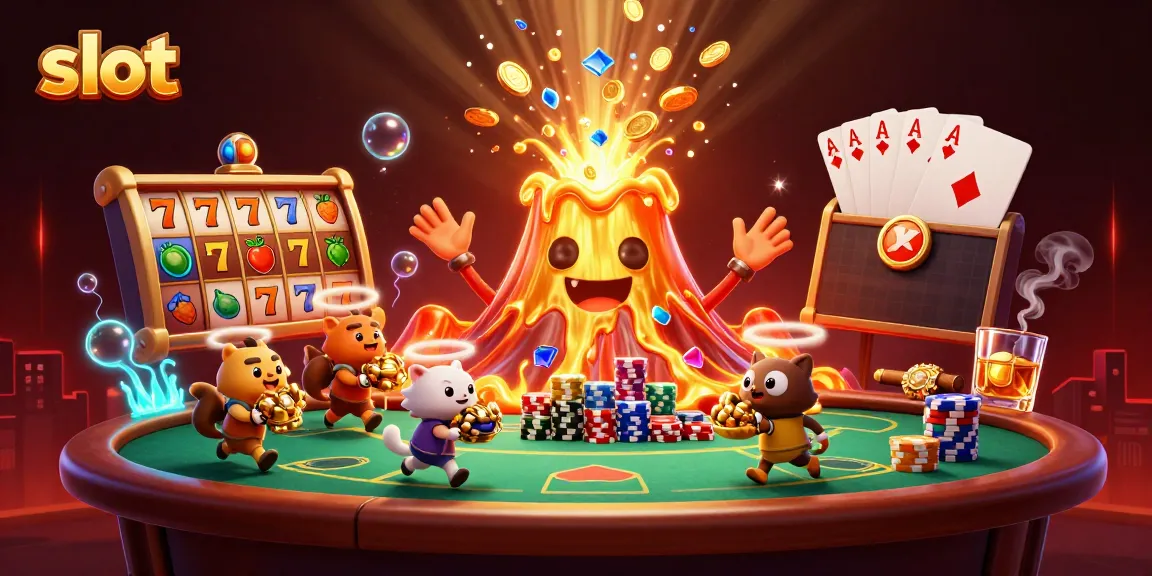 Spin thrilling slot games with a vibrant volcano, treasure, and poker elements in a dynamic scene.