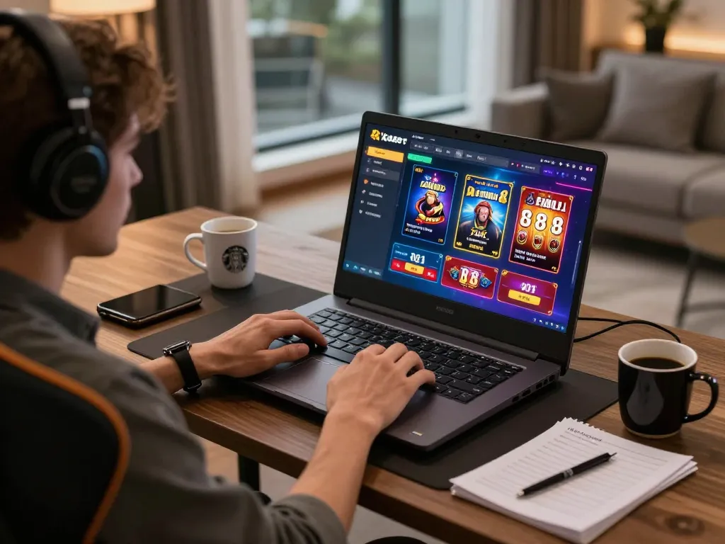 Kubet online gaming scene featuring a player engaged in strategy-rich gameplay, modern setup with vibrant interface.