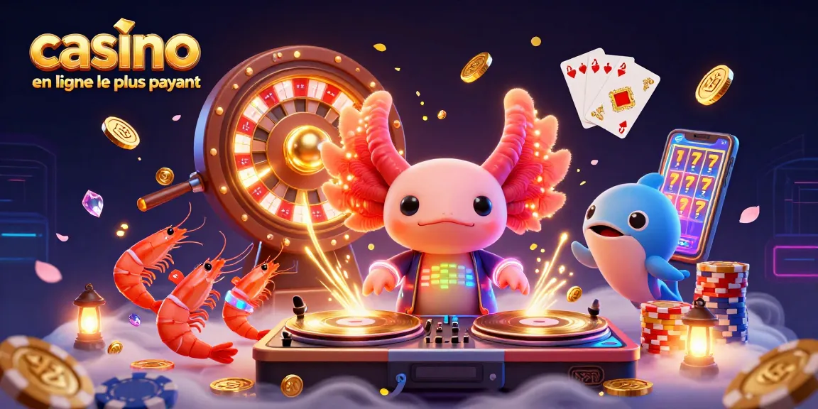 Découvrez le casino en ligne le plus payant illustré par un DJ axolotl vibrant entouré de pièces d'or et de gemmes