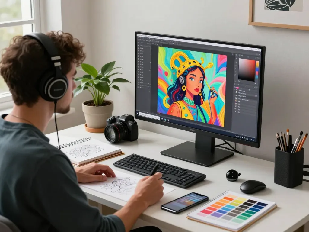 Digital artist using the nano banana 2 AI model in a creative workspace, surrounded by tools and vibrant generated images.