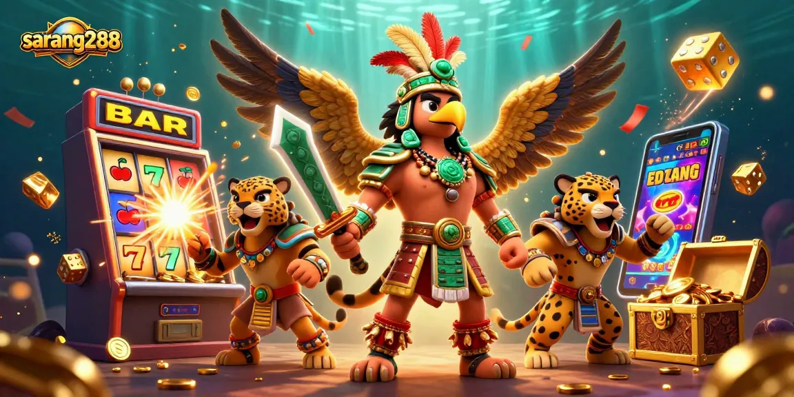 Sarang288 menghadirkan permainan slot gacor dengan jackpot menakjubkan, dikelilingi karakter Aztec yang epik.