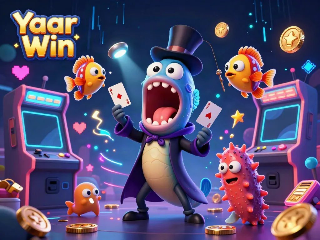 Yaar Win showcases vibrant gaming with a deep-sea eel performing tricks amidst colorful arcade elements.