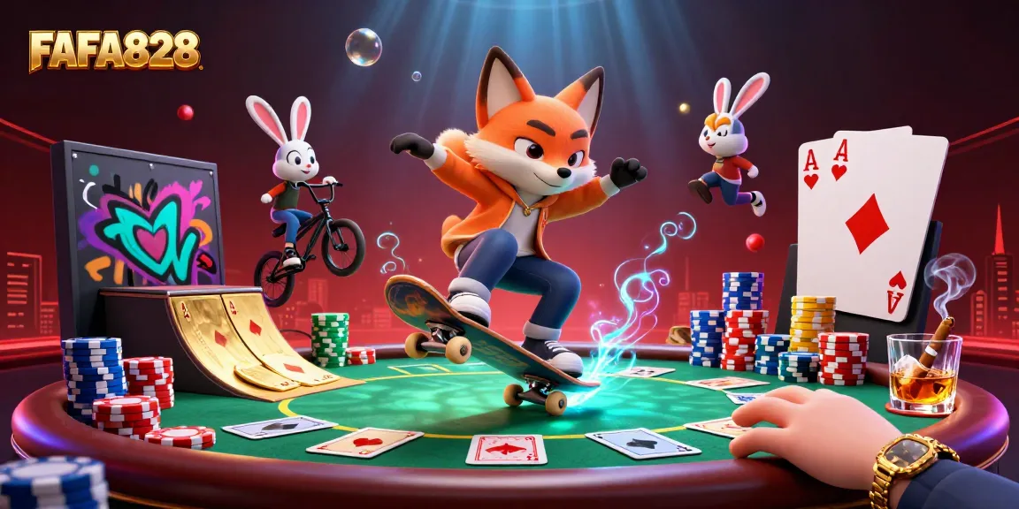 Experience thrilling gaming with FAFA828 as a fox and rabbit showcase gambling fun in vibrant 3D!