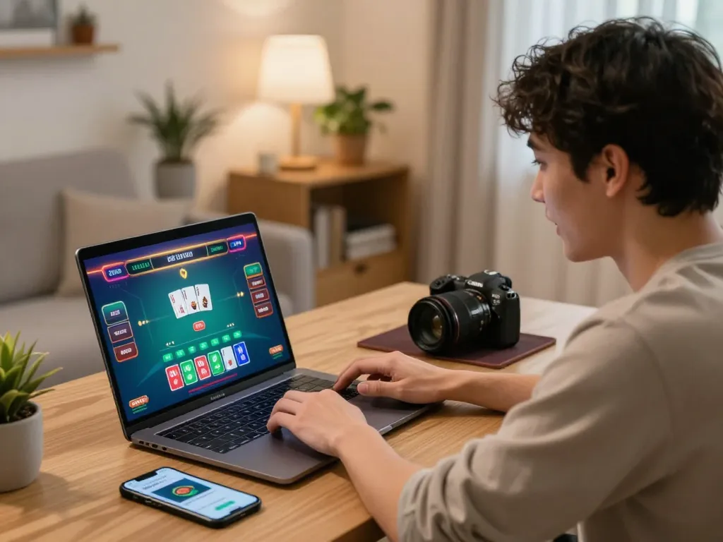 Player engaging with dn88 app on smartphone while enjoying live dealer game on laptop, showcasing online gambling experience.