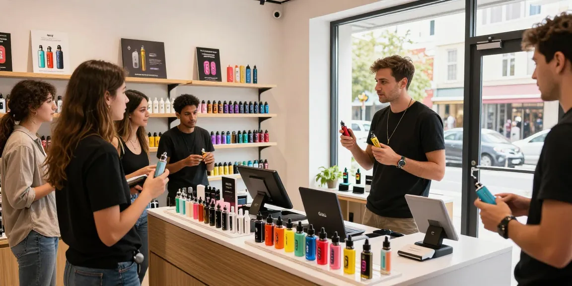 vape UK shopping scene with customers exploring diverse vape kits and e-liquids