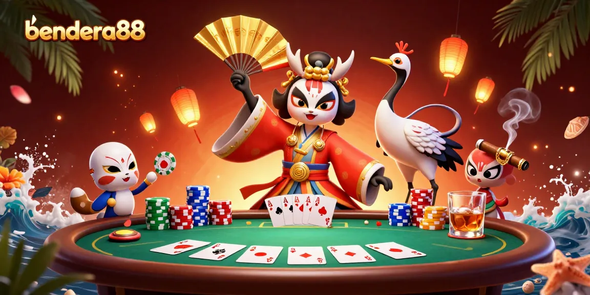 bendera88 menawarkan suasana bermain poker yang mendebarkan dengan karakter kabuki yang bersemangat dan banyak chip poker.