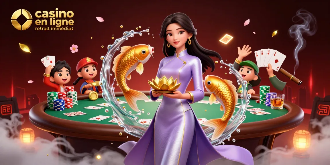 Scène captivante présentant un casino en ligne avec retrait immédiat, mettant en vedette une femme asiatique vibrante au milieu d'éléments de poker.